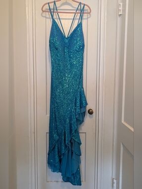 Morgan & Co. Teal Sequin High-Low Ruffle Slip Dress